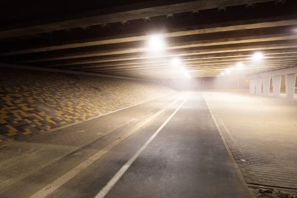 Empty Illuminated Motorway Bicycle Road Pedestrian Walkway Bridge Fog Night — Stock Photo, Image