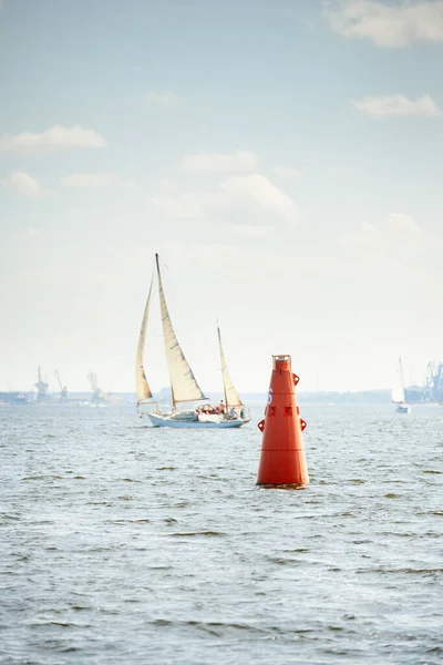 Red Navigational Buoy Port Mark Close Old Vintage Wooden Sailboat — Stock Photo, Image