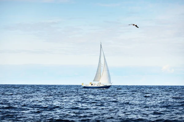青いループは 晴れた日にオープンバルト海を航行するヨットを操縦し クローズアップしました ラトビアのリガ湾 クルーズ スポーツ レクリエーション レジャー活動の概念 — ストック写真