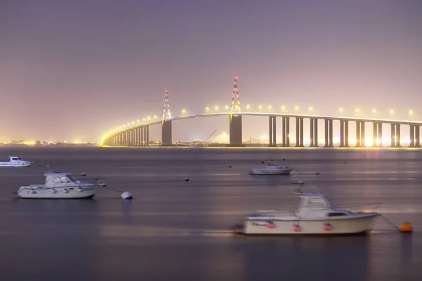 Aydınlatılmış Kablo Nin Panoramik Görüntüsü Gece Saint Nazaire Köprüsünde Kaldı — Stok fotoğraf