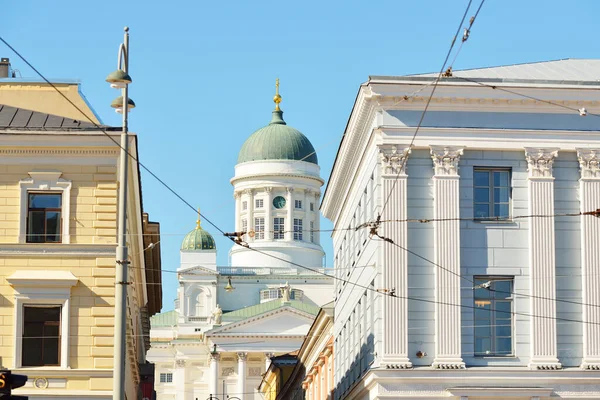 Close Spire Helsinki Cathedral Old Historical Buildings Houses Finland Travel — Stock Photo, Image