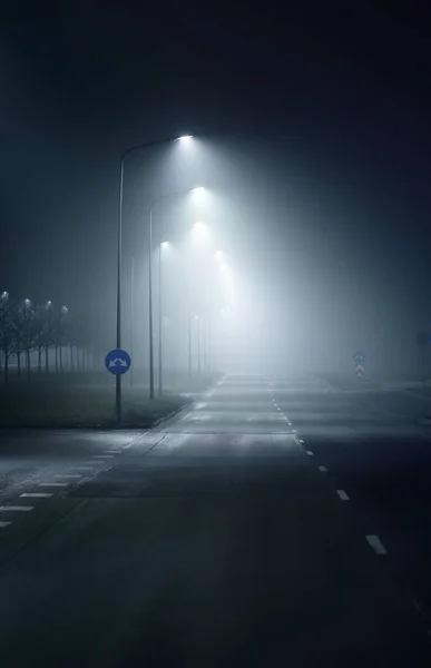 An empty illuminated motorway in a fog at night. Road sign close-up. Dark urban scene, cityscape. Riga, Latvia. Dangerous driving, speed, freedom, concept image