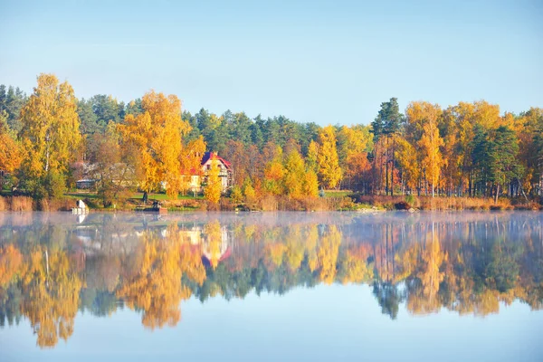 Country Houses Colorful Trees River Morning Fog Latvia Symmetry Reflections — Stock Photo, Image