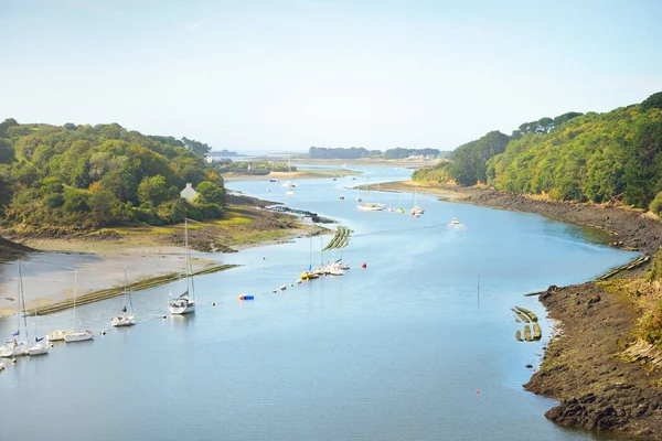 Yachts Boats Anchored Mooring Lorn River Panoramic Aerial View Summer — Stock Photo, Image