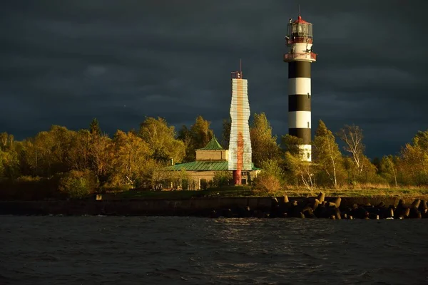 Old Lighthouse Range Marker Dark Storm Sky Rain Baltic Sea — Stock Photo, Image