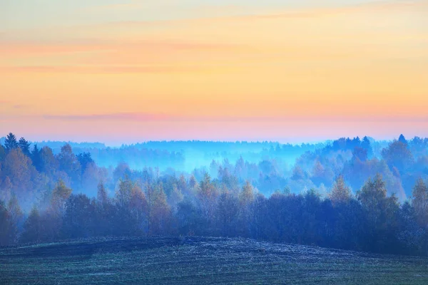 Epischer Sonnenaufgang Und Nebel Über Hügeln Feld Und Wald Bunte — Stockfoto