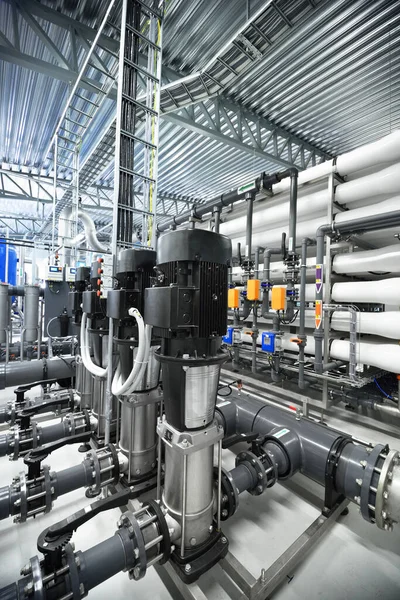 Pump station for reverse osmosis industrial city water treatment station. Wide angle perspective