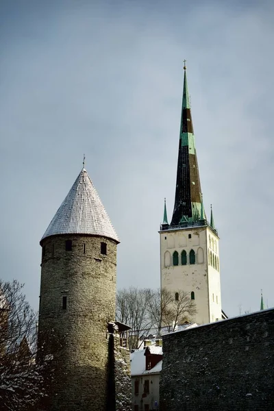 Detailní Záběr Pevnostní Věže Věže Kostela Olafa Tallinn Staré Město — Stock fotografie