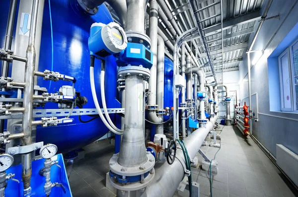 Large Blue Tanks Industrial City Water Treatment Boiler Room Wide — Stock Photo, Image