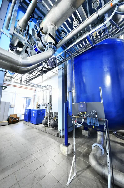 Large Blue Tanks Industrial City Water Treatment Boiler Room Wide — Stock Photo, Image