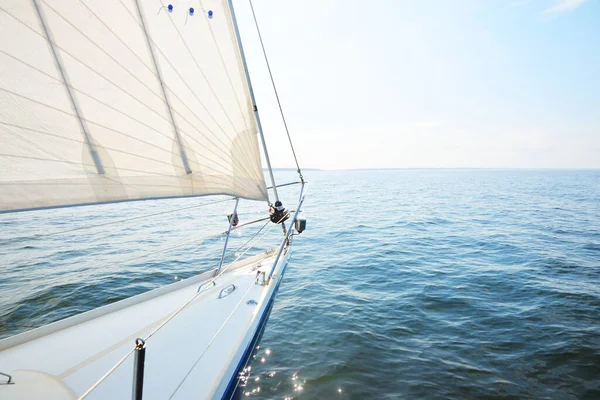 White Yacht Sailing Sunny Summer Day Top View Deck Bow — Stock Photo, Image