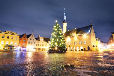 Tallinn Belediyesi Meydanı 'nda aydınlandı, Noel ağacı, geceleri evler ve pazarlar, Estonya. Peri şehri. Geleneksel kutlamalar, kış tatilleri, ulusal dönüm noktaları, geziler.