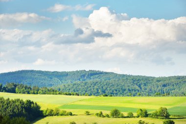 Tepelerdeki tarımsal tarla ve ormanın panoramik hava manzarası. Dramatik bulut manzarası. Idyllic yaz kırsal manzarası. Wiesbaden, Almanya