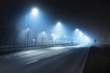 Gece sisli bir ortamda bomboş bir otoyol. Sokak lambaları ve yol işaretleri yakın. Karanlık şehir manzarası, şehir manzarası. Riga, Letonya. Tehlikeli sürüş, hız, özgürlük, konsept görüntü
