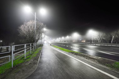 Gece sisli bir havada karayolu yakınında boş bir bisiklet yolu. Fenerler yakın plan. Ulaşım, tehlikeli sürüş, eğlence ve sağlıklı yaşam tarzı teması. Riga, Letonya
