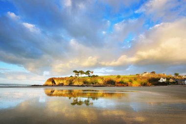 Douarnenez körfezinin kıyısında uzun ağaçlı turuncu bir uçurum. Renkli akşam bulutlarıyla mavi gökyüzü. Sudaki yansımalar. Britanya, Fransa