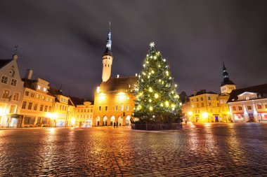 Tallinn Belediyesi Meydanı 'nda aydınlandı, Noel ağacı, geceleri evler ve pazarlar, Estonya. Peri şehri. Geleneksel kutlamalar, kış tatilleri, ulusal dönüm noktaları, geziler.
