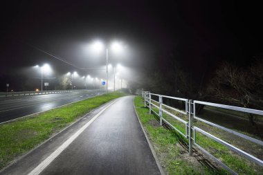 Gece sisli bir havada karayolu yakınında boş bir bisiklet yolu. Fenerler yakın plan. Ulaşım, tehlikeli sürüş, eğlence ve sağlıklı yaşam tarzı teması. Riga, Letonya