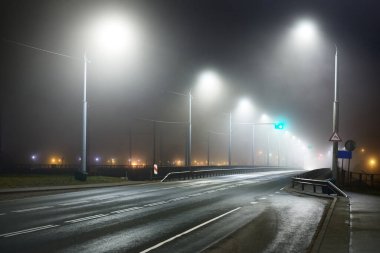 Gece sisli bir gecede köprüden geçen boş bir otoyol. Sokak Işıkları yakın plan. Karanlık şehir manzarası, şehir manzarası. Riga, Letonya. Tehlikeli sürüş, hız, özgürlük, konsept görüntü