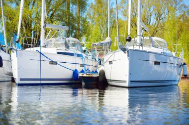 Açık bir yaz gününde, limandaki bir yat limanına demirlemiş beyaz, modern yelkenli tekneleri. Spor ve eğlence teması. İsveç