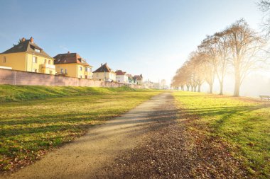 Şehir parkı ile evler arasında boş bir ara sokak. Seyahat yasağı ve koronavirüs (COVID-19) salgını nedeniyle kimse yok. Mainz, Rheinland-Pfalz bölgesinde karantina bölgesi, Almanya