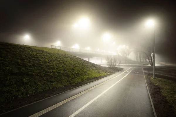 Camino Bicicleta Iluminado Vacío Con Giro Brusco Una Niebla Por — Foto de Stock