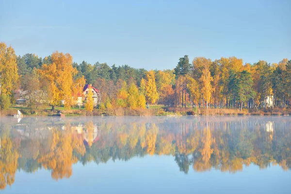 Country Houses Colorful Trees River Morning Fog Latvia Symmetry Reflections — Stock Photo, Image