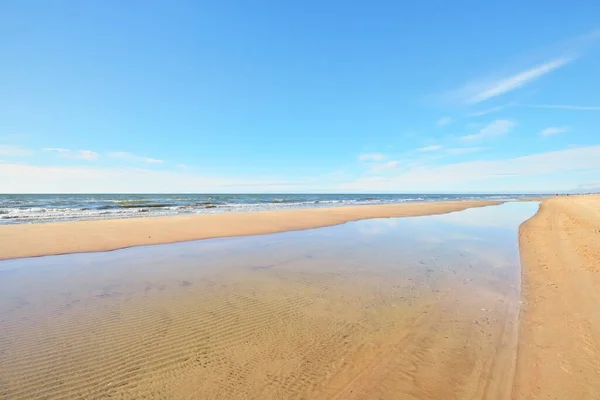 ラトビアの晴れた夏の日に干潮の間のバルト海の海岸 クリスタルクリア紺碧の水 牧歌的な海の景色 旅行先 気候変動と地球温暖化の概念 — ストック写真