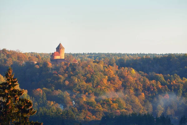 Close Turaida Castle Tower Clouds Morning Fog Sunrise Colorful Red — Stock Photo, Image