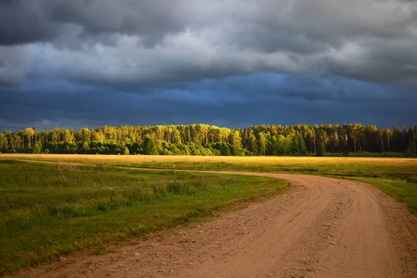 一条空旷的乡间小路 雨后急转直下穿过田野 戏剧化的天空 史诗般的云彩 变化无常的天气 拉脱维亚 气象学 生态学 气候变化 — 图库照片