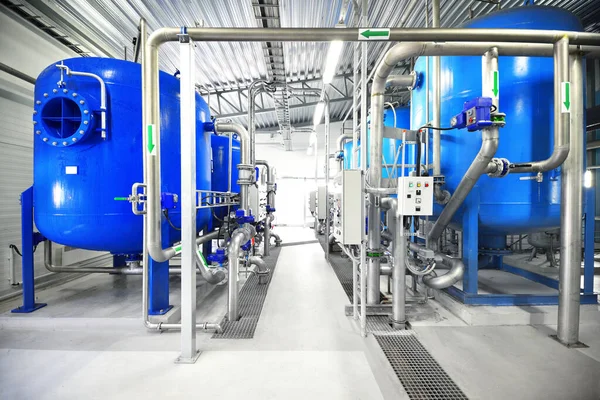 Large Blue Tanks Industrial City Water Treatment Boiler Room Wide — Stock Photo, Image