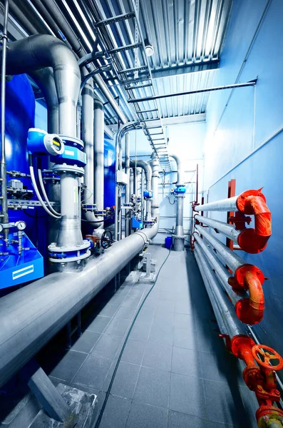 Large Blue Tanks Industrial City Water Treatment Boiler Room Wide — Stock Photo, Image