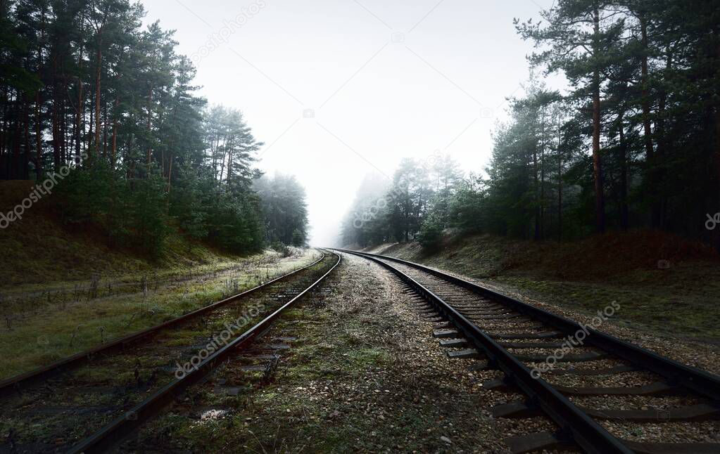Creepy old railroad through the coniferous forest in a thick fog. Dark landscape. Latvia