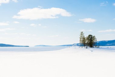 Açık bir kış gününde, karla kaplı tepelerin panoramik manzarası. Arka planda dağlar ve kozalaklı orman var. Kola Yarımadası, Murmansk bölgesi, Kutup Dairesi, Karelia, Rusya