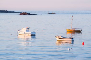Günbatımında Vierge deniz fenerinin yakınındaki Lilia körfezinde yelken açan yat ve tekneler. Plouguerneau, Finistre, Brittany, Fransa. Seyahat yerleri, ulusal dönüm noktası, eğlence teması.
