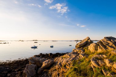 Günbatımında Vierge deniz fenerinin yakınındaki Lilia körfezinde yelken açan yat ve tekneler. Plouguerneau, Finistre, Brittany, Fransa. Seyahat yerleri, ulusal dönüm noktası, eğlence teması.