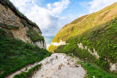 Normandiya, Fransa 'daki Etretat beyaz kayalıklarının manzarası