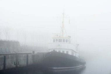 Römorkör bir rıhtıma demirlemiş, yakın plan. Yoğun sabah sisi. Kiel, Almanya