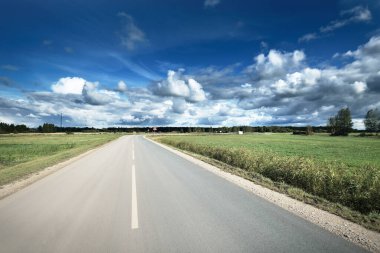 Güneşli bir yaz gününde yeşil tarlalarda boş bir asfalt yol. Arka planda orman var. Mavi gökyüzü ve beyaz fırtına bulutları. Letonya