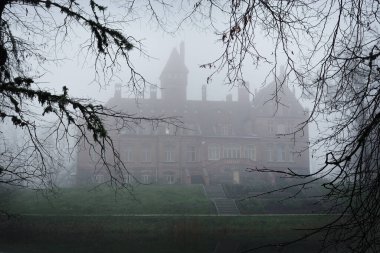Kır manzarası. Şatonun manzarası ve küçük bir gölet. Arka planda orman var. Jaunmoku pils, Letonya