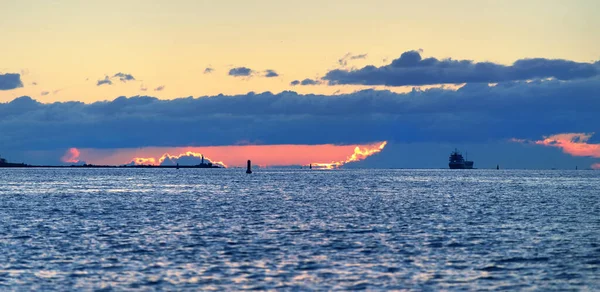 Cargo Ship Baltic Sea Sunset Lighthouse Background Latvia — Stock Photo, Image