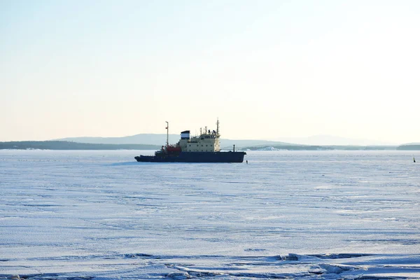 Icebreaker Close Aerial View Shores Kandalaksha Bay Mountains Forests Kola — Stock Photo, Image