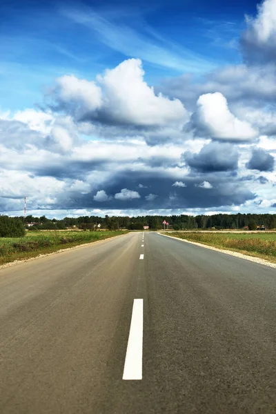 Een Lege Landweg Door Groene Velden Een Zonnige Zomerdag Bos — Stockfoto