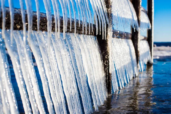 Snow Covered Old Rusty Pier Clear Sunny Day Ice Fragments — Stock Photo, Image