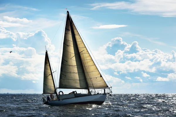 Ein Weißes Holzsegelboot Segelt Einem Bewölkten Tag Auf Offener See — Stockfoto