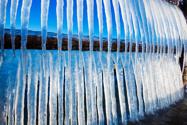 Snow Covered Old Rusty Pier Clear Sunny Day Ice Fragments — Stock Photo, Image