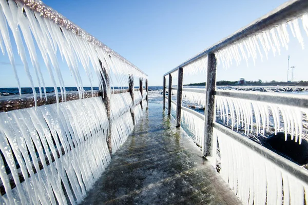 Snow Covered Old Rusty Pier Clear Sunny Day Ice Fragments — Stock Photo, Image