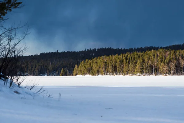 Ciel Bleu Dramatique Dessus Lac Kuito Gelé Couvert Neige Forêt — Photo