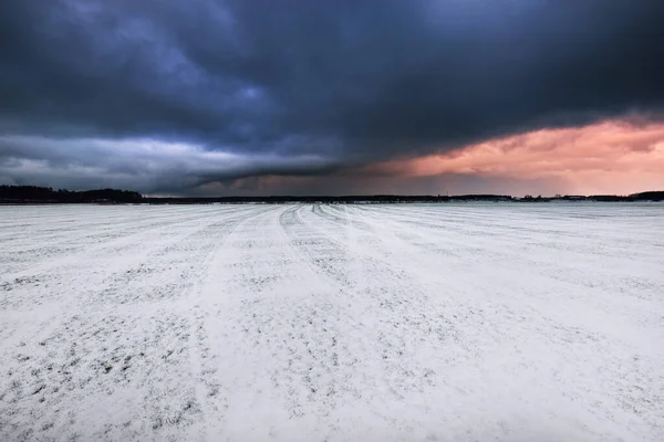 Snow-covered plowed country agricultural fields with tractor tracks. Dramatic sunset sky, colorful clouds. Winter landscape. Latvia. Warm winter, climate change, global warming