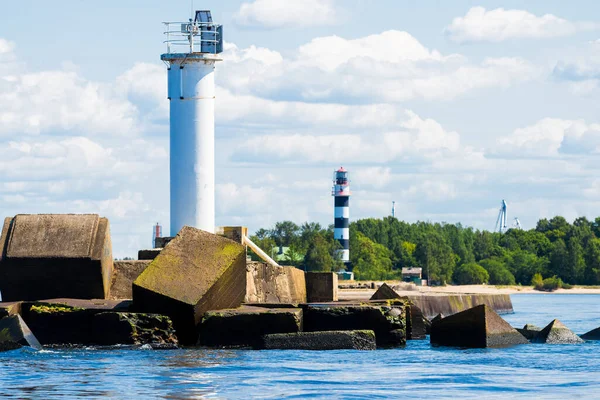 Small White Lighthouse Close Forest Background Cloudy Blue Sky Riga — Stock Photo, Image